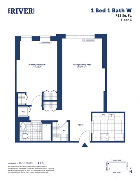 Floor plan for 1 bed, 1 bath, 782 sqft